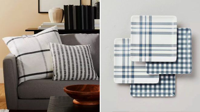 Open Grid Lines Square Throw Pillow and Gingham Plaid Bamboo Melamine Appetizer Plates