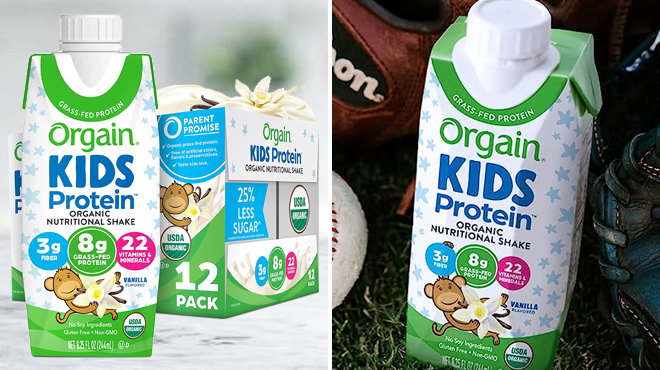 Orgain Organic Kids 12 Pack Protein Shake in Vanilla Flavor on the Left and a Pack of Same Item on the Right