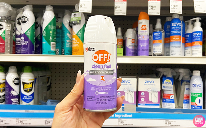 Person Holding a OFF Clean Feel Aerosol Insect Repellent