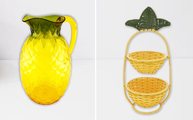 Pineapple Pitcher and 2 Tier Resin Wicker Pineapple Server