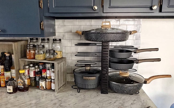 Pots and Pans Organizer on a Kitchen Table Top