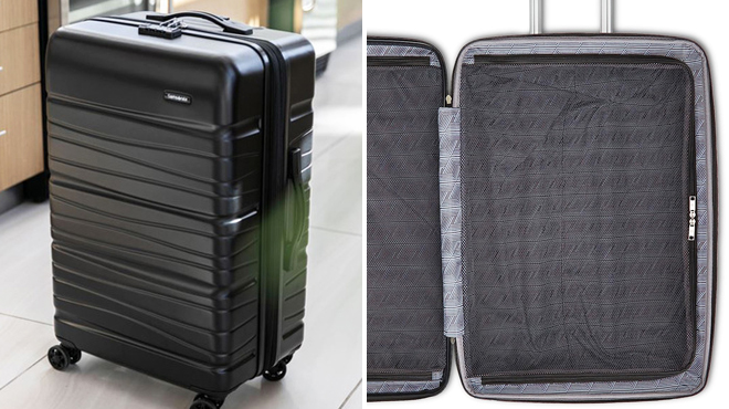 Samsonite Evolve SE Hardside Expandable Luggage Black on the Left and Inside View of the Same Item on the Right