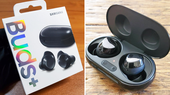 Samsung Buds True Wireless Headphones in Black Color on the Left and Same Item Without Box on the Right