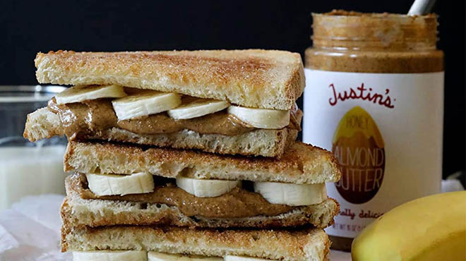 Sandwich with Banana cuts and Justins Honey Almond Butter