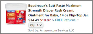 Screenshot of Boudreauxs Maximum Strength Diaper Rash Cream Discounted Final Price at Amazon Checkout