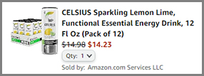 Screenshot of Celsius Sparkling Lemon Lime 12 Pack Discounted Final Price at Amazon Checkout