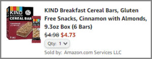 Screenshot of KIND Breakfast Cereal Bars 6 Count Discounted Final Price at Amazon Checkout