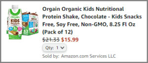 Screenshot of Orgain Organic Kids Protein Shake 12 Pack Discounted Final Price at Amazon Checkout