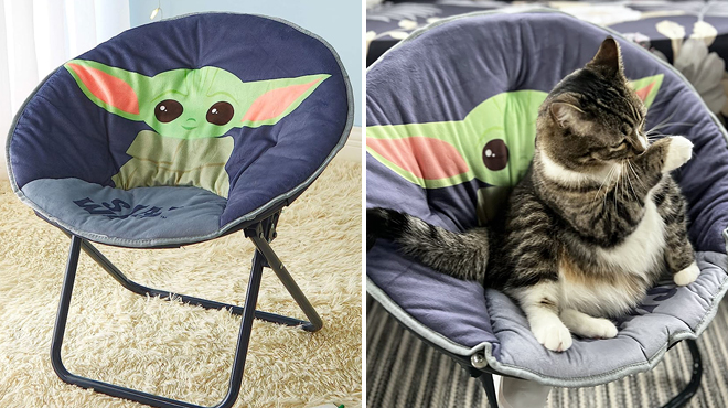 Star Wars The Mandalorian Folding Saucer Chair on the Left and a Cat Sitting on the Same Item on the Right