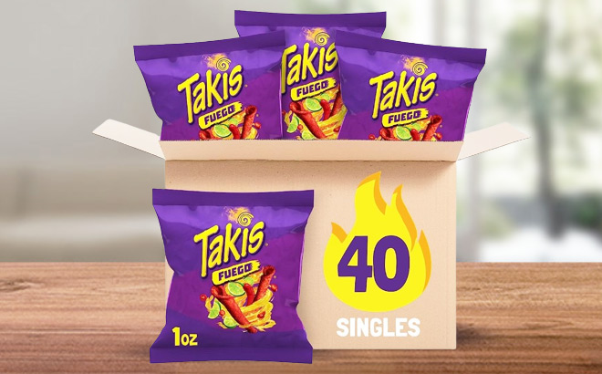 Takis Tortilla Chips 40 Pack Box on Table