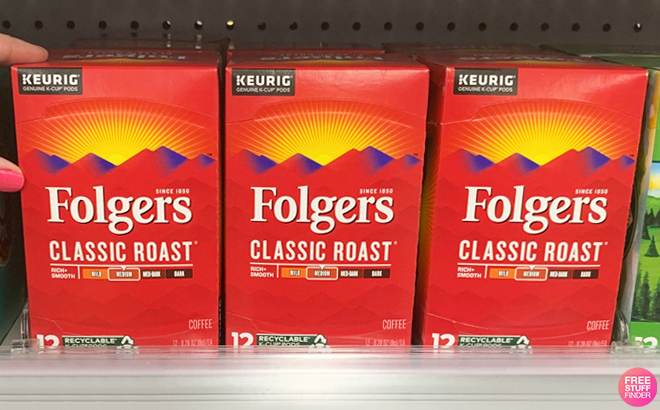 Three Boxes of Folgers K Cups on a Shelf