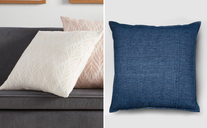 Threshold Woven Botanical Square Throw Pillow Cream and Oversized Quilted Solid Square Pillow Chambray