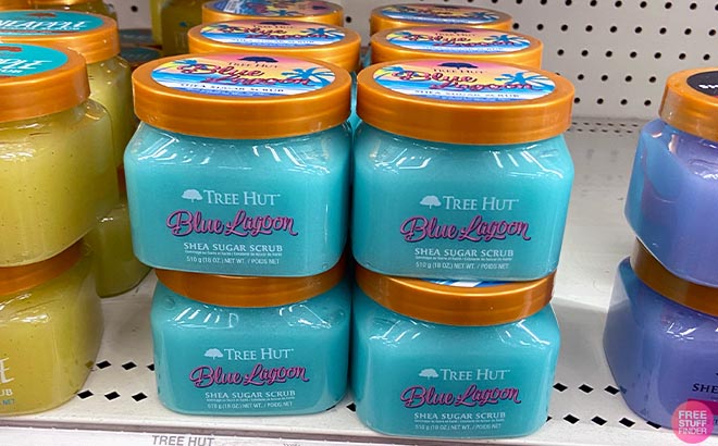 Tree Hut Blue Lagoon Shea Sugar Sea Minerals and Orange Body Scrub in shelf