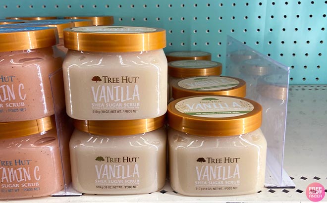 Tree Hut Shea Sugar Vanilla and Jasmine Body Scrub in shelf