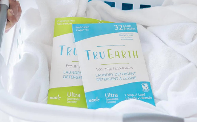 Tru Earth Eco Strips Laundry Detergent Inside a Laundry Basket