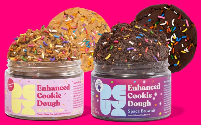 Two Flavors of Deux Enhanced Cookie Dough with a Pink Background