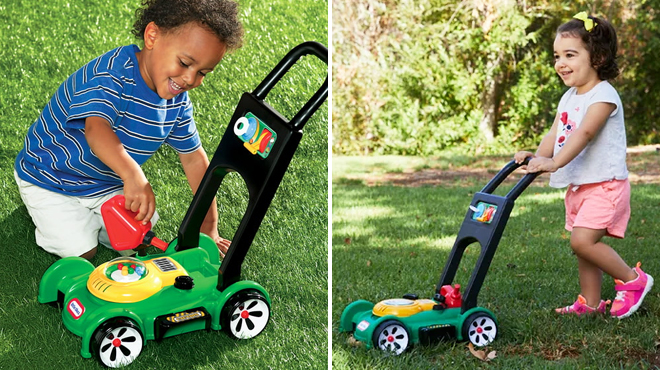 Two Images Showing Kids Playing with Little Tikes Mower Toddler Push Toy