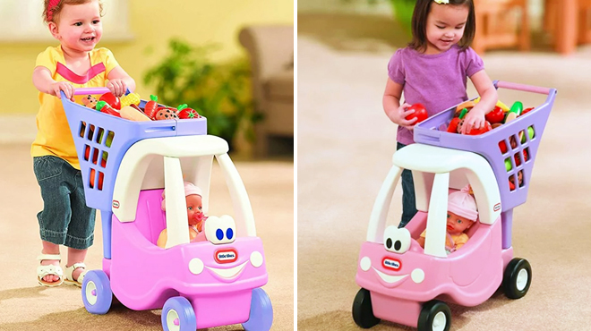 Two Images Showing Kids Playing with Little Tikes Princess Cozy Shopping Cart