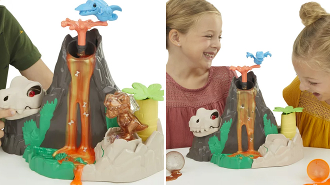 Two Images Showing Kids Playing with Play Doh Slime Dino Volcano Playset