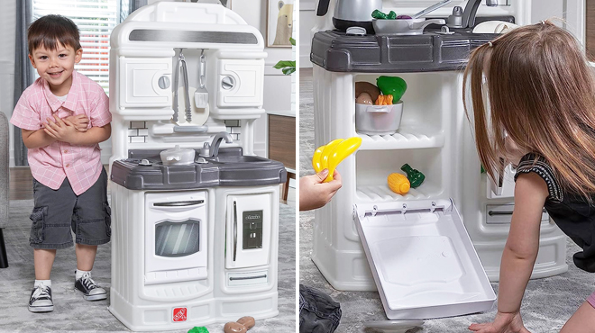 Two Images Showing Kids Playing with Step2 Quaint Kitchen Set