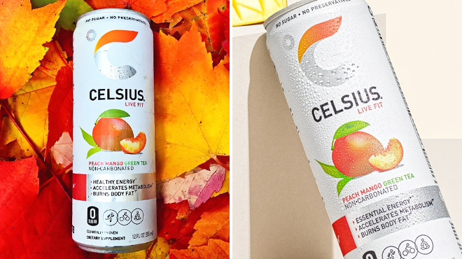 Two Images of Celsius Peach Mango Green Tea Energy Drink