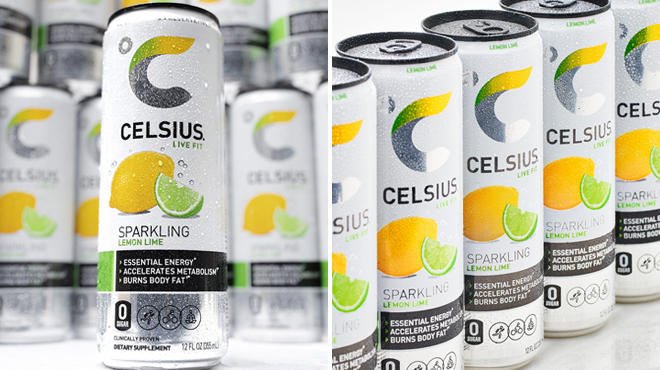 Two Images of Celsius Sparkling Lemon Lime Energy Drink