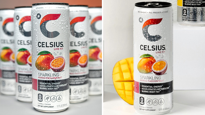 Two Images of Celsius Sparkling Mango Passionfruit Energy Drink
