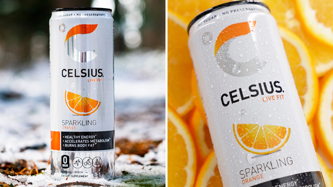Two Images of Celsius Sparkling Orange Energy Drink