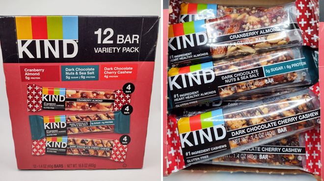 Two Images of KIND Nut Bars Favorites 12 Count Variety Pack