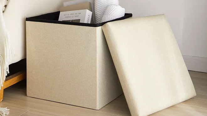 Urban Shop Linen Storage Folding Ottoman in Beige Color