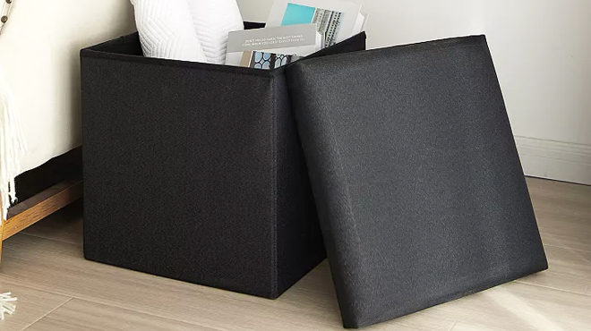 Urban Shop Linen Storage Folding Ottoman in Black Color