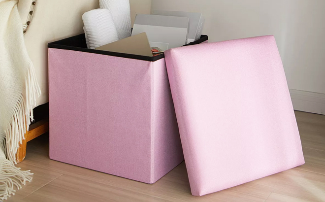 Urban Shop Linen Storage Folding Ottoman in Pink Color