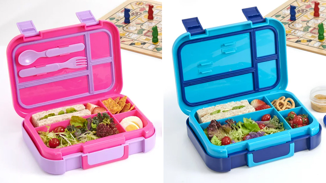 Your Zone Plastic Bento Box with 4 Compartments, 1 Fork, 1 Spoon, 1  Dressing Container, Blue