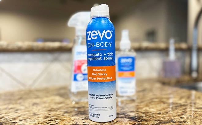 Zevo On Body Mosquito Tick Repellant Spray on a Countertop