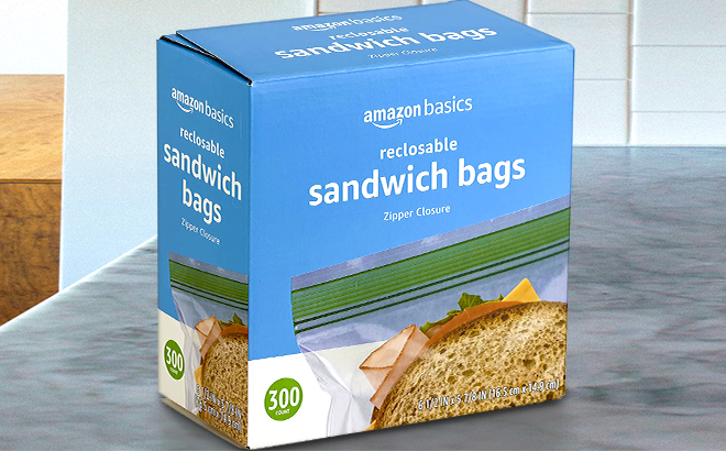 A Box of Amazon Basics 300 Count Sandwich Storage Bags