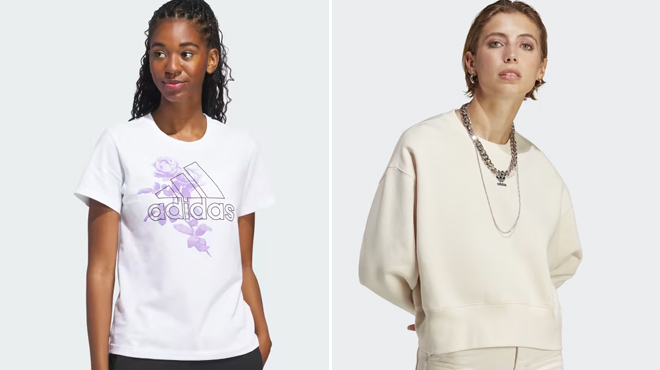 Adidas Womens Outline Rose GraphicTee and Essentials Crew Sweatshirt