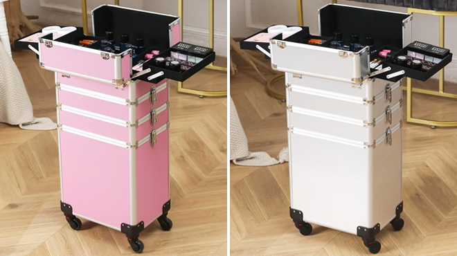 Aluminum 4 n 1 Rolling Makeup Trolley Train Case in Pink on the Left and Silver on the Right