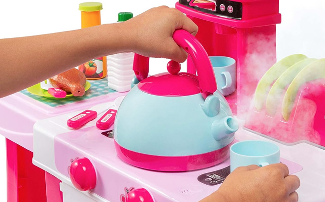 Pretend Play Kitchen Toy Set for Kids with Water Vapor Teapot 