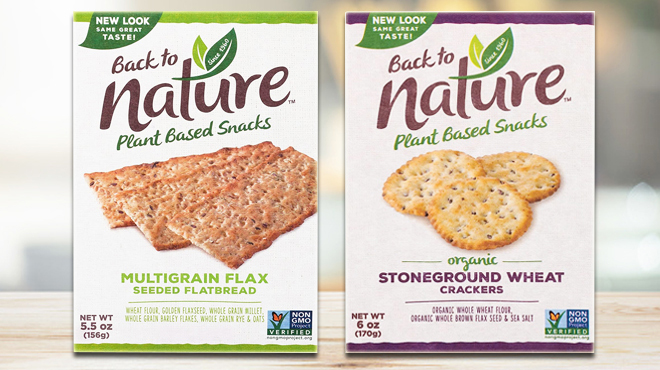 Back to Nature Multigrain Flax Seed Crackers on the left and Back to Nature Stoneground Wheat Crackers on the right