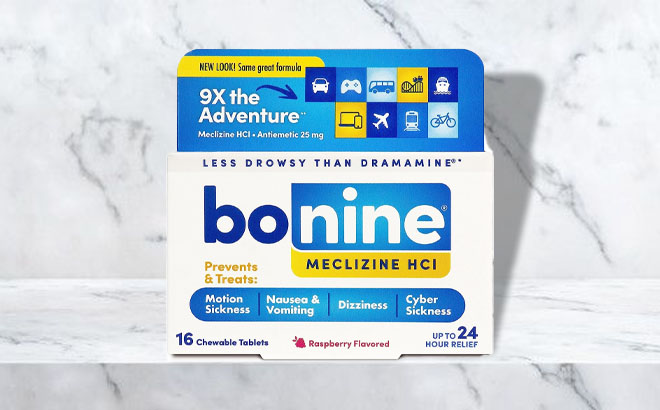 Bonine Motion Sickness Relief Chewable Tablets 16 Count on a Box