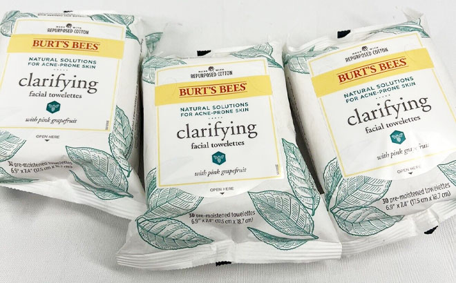 Burts Bees Face Wipes 30 Count 3 pk on a Table