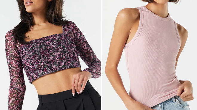 Charlotte Russe Floral Mesh Corset Cropped Long Sleeve Top on the Left and Charlotte Russe Ribbed High Neck Tank on the Right