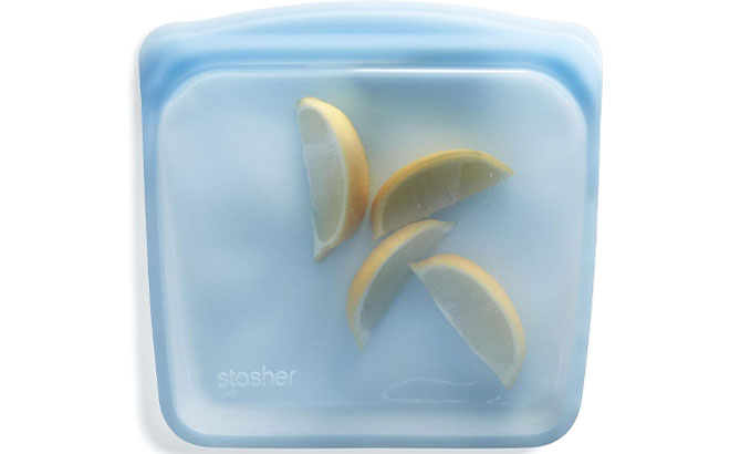 Color Blue Stasher Reusable Silicone Storage Bag with Sliced Lemon Inside