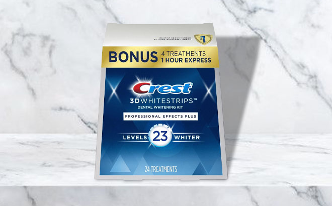 Crest 3D Whitestrips 24 Count on a Marbled Table