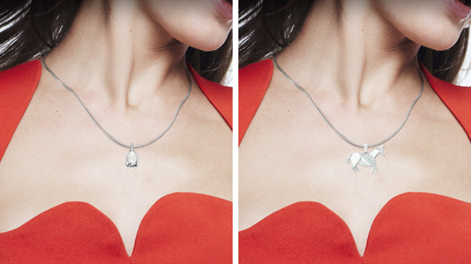 Zales Cultured Freshwater Pearl Love Pendant in Sterling Silver on the Left and Diamond Origami Horse Pendant on the Right