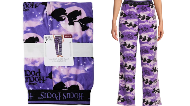 Disney Hocus Pocus Womens Plush Sleep Pants on the Left and a Woman Wearing the Same Item on the Right