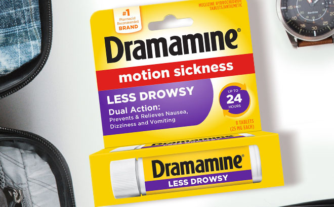 Dramamine All Day Less Drowsy Motion Sickness Relief Tablets on a Table