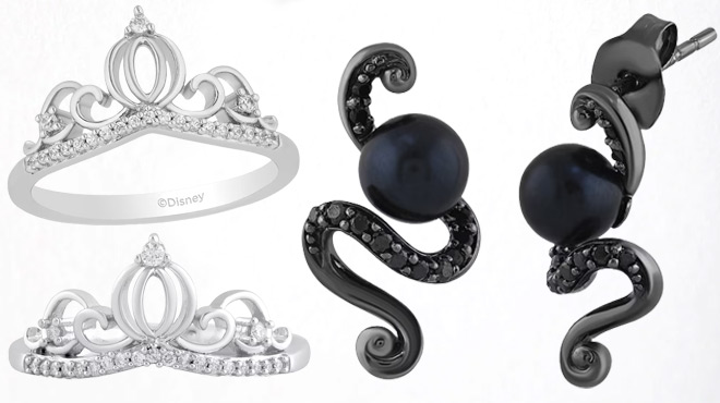 Enchanted Disney Cinderella Diamond Carriage Ring on the Left and Villains Ursula Tentacle Drop Earrings on the Right