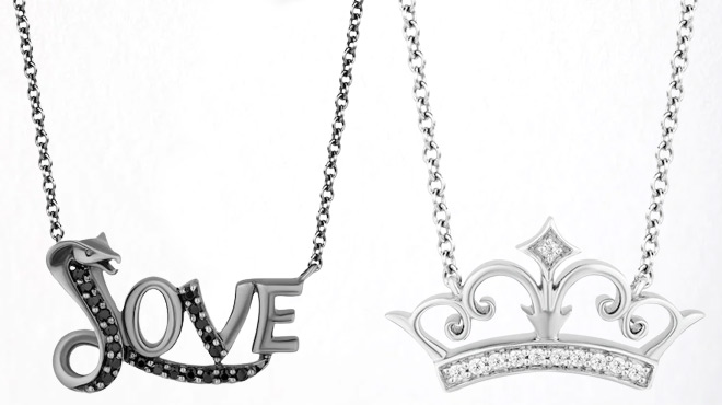 Enchanted Disney Villains Jafar Black Diamond Love Snake Necklace on the Left and Ultimate Princess Celebration Diamond Tiara Necklace on the Right