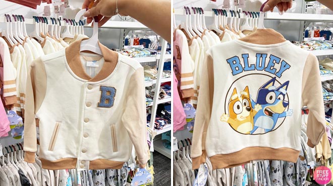 Front and Back Angle of Toddler Bluey Varsity Bomber Jacket